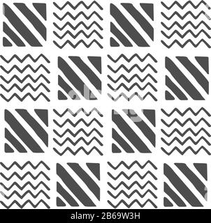 Vektor nahtloses, schwarz-weißes geometrisches Muster handgezeichneter Zickzackstreifen und diagonaler Streifen, Linien. Schwarzes Muster auf weißem Hintergrund. Für die Einrichtung, d Stock Vektor