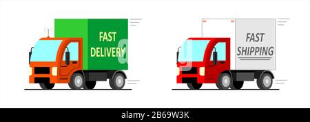 Satz stilisierter Kleinlastwagen mit Vektor. LKW mit Antenne und Beschriftung schnelle Lieferung, Versand. Flaches Vektorbild isoliert auf weißem Hintergrund Stock Vektor