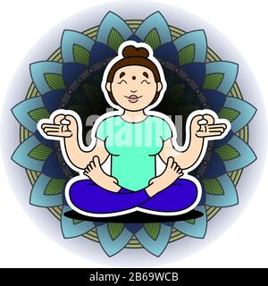 Mädchen sitzt in lotus-position und meditiert auf dem Hintergrund des Mandalas. Nettes Mädchen sitzt mit geschlossenen Augen in Asana Padmasana. Yoga-Logo, Symbol. Yoga Stock Vektor