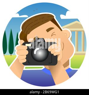 Tourist, Reisender; lächelnder Kerl mit einer Kamera auf einem Ausflug, in Griechenland, vor dem Hintergrund von Denkmälern; Fotos durch Drücken von 1 Auge; runde Ikone Stock Vektor