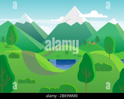 Landschaft mit Zelten auf einem Hügel in der Nähe des Sees auf einem Hintergrund von Bergen Stock Vektor