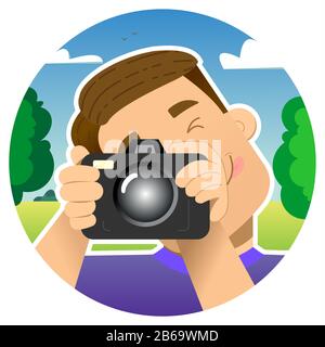 Tourist, Reisender, Blogger; lächelnder Kerl mit einer Kamera auf der Natur, auf einem Picknick, im Park; Fotos, indem er ein Auge schließt und seine Zunge herausragt Stock Vektor