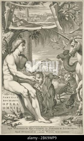Adam gibt den Tieren ihre Titelseite für S Bochart, Opera Omnia, 1692 Adam unter einem Baum sitzend, geben die Tiere ihre Namen. Die Einbettung auf der Spitze einer Stadt und ein Turm, vermutlich Babel, mit im Vordergrund ein Mann unter einem Baum. Titelseite der gesammelten Werke des Theologen und Sprachwissenschaftlers Samuel Bochart. Hersteller : Druckerhersteller Joseph Mulder (denkmalgeschütztes Gebäude) Verleger Cornelis Bolt Steyn (denkmalgeschütztes Gebäude) Herausgeber: Jordan Luchtmans (denkmalgeschütztes Gebäude) Herausgeber: Willem van de Water (denkmalgeschütztes Objekt) Ort Herstellung: Druckhersteller: Amsterdam Verlag: Leiden Verlag: Leiden Publis Stockfoto
