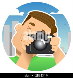 Tourist, Reisender; ein lächelnder Kerl mit einer Kamera auf einem Ausflug, in der Stadt, vor dem Hintergrund von Wolkenkratzern; fotografiert jemanden, indem er 1 e zusammendrückt Stock Vektor