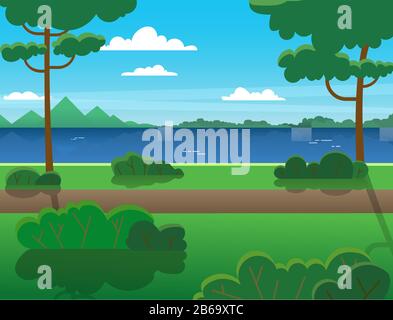 Landschaft mit einem Fluss, Bäumen, Bergen, einem Wald auf der anderen Seite des Flusses. Sommerurlaub im Freien. Stock Vektor