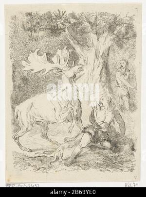 Aeddon rettet das Leben von Kaibar Aeddon (Serientitel) ein Elch ist dabei, einen Jäger Celtic (Kaibar) zu töten. Aeddon, rechts in den Büschen versteckt, verhinderte dies, indem er den Hals des Tieres mit einem Javelin durchbohrte. Abbildung des zweiten Songs des Epic Lofgedicht Aeddon Herstellers: Druckmaschine: Charles Frederick BombledPlaats Herstellung: Delft Datum: 1850-1902 Physikalische Eigenschaften: Trockenätzung und Nadel; Proofing Material: Papiertechnik: Radierung / Trockenpunktmessungen: Plattenkante: H 169 mm × W 129 mmToelichtingBoll. De la Faille. Buchillustration von William J. Hofdijk, Aeddon Stockfoto