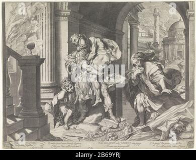 Aeneas flieht mit seiner Familie aus Troy Aeneas trägt seinen Vater Anchises auf den Rücken. Ascanius links und rechts ist eine Frau. Im Hintergrund das brennende Troja. Text in ondermarge. Hersteller: Druckmaschine: Agostino Carracci (denkmalgeschütztes Gebäude), entworfen von Federico Barocci (denkmalgeschütztes Gebäude) Herausgeber: Donato Rasciotti (denkmalgeschütztes Gebäude) Kunde: Odoardo Farnese (denkmalgeschütztes Eigentum) zugewiesen an: Odoardo Farnese (auf dem Objekt angegeben) Ort Herstellung: Druckhersteller: Italien zur Gestaltung: Italien Herausgeber: Venedig Kunde: Italien Gewidmet: Italien Datum: 1595 Physische Merkmale: 1595 Engra-Material: Papiertechnik Stockfoto