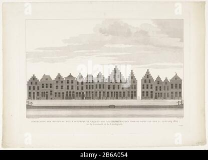 Bild der Häuser auf der Rapenburg zu Leijden, also als sie vor der Katastrophe des Groenmarktes am 12. Januar des Jahres 1807 zum Jakobskanal (Titelobjekt) Blick auf die Häuser auf der Rapenburg in Leiden waren, In Wohlstand vor der Explosion des Schießpulverschiffes am 12. Januar 1807. Der Groenmarkt nach St. Jacobsgracht. Teil einer Gruppe von vier zusammenhängenden Platten. Hersteller: Druckhersteller: Daniel Friday (auf dem Objekt angegeben) zur Zeichnung von: A. Polet (auf dem Objekt angegeben) zur Zeichnung von: Timmermans J. (auf dem Objekt angegeben) Herstellung: Niederlande Datum: 18079615 Physische Eigenschaften: Etch Stockfoto