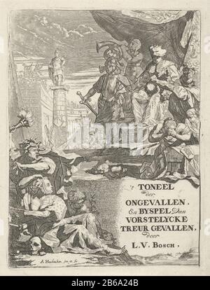 Abgetrennte Köpfe für einen Prinz auf einer Thronfolge-Titelseite für L van den Bos' Unglückstheater und Bijspelfrost Lycke weinende Fälle 1699 Auf einem Thron ist ein Frost unter einem Baldachin mit seiner Rechten, einer Wache und einer Figur, die ein Horn bläst. Linke kniffelige Frauen und ein Mann mit Helm, der zwei abgetrennte Köpfe an der Figur auf dem Thron zeigt. Für den Thron auf dem Boden zwei abgetrennte Köpfe. Links im Vordergrund der Personifizierte Neid, mit Schläuchen auf dem Kopf, in der Hand und einer Fackel und vor einer zweiten Figur mit einer Maske vor dem Gesicht, die ihre Hand in einer Schatzkiste hält. Im Stockfoto