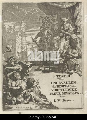 Abgetrennte Köpfe für einen Prinz auf einer Thronfolge-Titelseite für L van den Bos' Unglückstheater und Bijspelfrost Lycke weinende Fälle 1683 Auf einem Thron ist ein Frost unter einem Baldachin mit seiner Rechten, einer Wache und einer Figur, die ein Horn bläst. Linke kniffelige Frauen und ein Mann mit Helm, der zwei abgetrennte Köpfe an der Figur auf dem Thron zeigt. Für den Thron auf dem Boden zwei abgetrennte Köpfe. Links im Vordergrund der Personifizierte Neid, mit Schläuchen auf dem Kopf, in der Hand und einer Fackel und vor einer zweiten Figur mit einer Maske vor dem Gesicht, die ihre Hand in einer Schatzkiste hält. Im Stockfoto