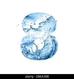 Stilisierte Schrift, Text aus Wasserspritzern, Ziffer acht, isoliert auf weißem Hintergrund Stockfoto