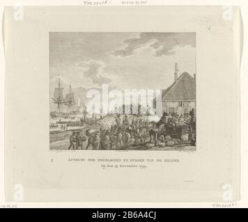 Rückzug der Briten und Russen aus den Helder, das Refugium der Engländer und Russen Von den Helder Aus dem Jahre 1799 Hell Am 29. November (Titelobjekt) die Soldaten der britisch-russischen Invasoren verlassen den Helder am 29. november 1799. Im Vordergrund steht ein großer Brustkorb, der das bekrönte Monogramm GR verpackt. Im Hintergrund wird lea in Booten zu einem wartenden Schiff. Unterschrift unten links der Buchstabe I. Hersteller: Druckmaschine: Reinier Vinkeles (I) (denkmalgeschütztes Gebäude) in Zeichnung: Dirk Langendijk (denkmalgeschütztes Gebäude) Herausgeber: François Bohn (denkmalgeschütztes Grundstück) Ort Herstellung: Druckmaschine: Niederlande zum Zeichnen: Den Hel Stockfoto