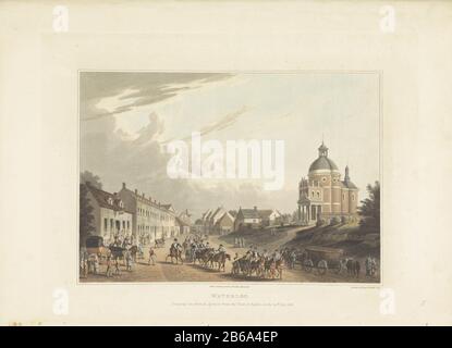Entsorgung französischer Kanonen durch Waterloo, Die Die französische Kanone aus dem Gefechtsfeld befördern, am 24. Juli 1815 (Titelobjekt) Deportation gefangener französischer Geschütze durch die Dorfstraße in Waterloo, 24. Juli 1815. Rechts die Kirche Saint Joseph. Nach der Schlacht bei Waterloo am 18. Juni 1815. Hersteller: Druckmaschine: Anonym zur Zeichnung: Anonym (denkmalgeschütztes Gebäude) Herausgeber: Robert Bowyer (denkmalgeschütztes Eigentum) Ort Herstellung: Druckmaschine: England Im Blick auf Waterloo Herausgeber: London Datum: 1616 Physische Merkmale: Aquatint, handfarbenes Material: Papiertechnik: Aqua Hue / Hand-color Me Stockfoto