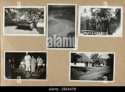 Album Leaf mit fünf Bildern. Oben links ein Jeep mit holländischen Soldaten und der republikanischen Flagge, auf dem Jeep: Nie zu viel. Top Right Soldiers typischer Humor: Draw Funny Faces, mit dem Titel: Tropical Kolder. Unten links, der Besitzer des Albums mit zwei Javanesen in der Küche draußen, rechts: Kapitänshaus. Fotos von etwa März 1949. Journal of the Album mit dem Titel In Erinnerung an meinen Dienst in Übersee, über die Polizeiaktionen in Dutch-Indië. Hersteller : Fotograf: Anonymer Ort Herstellung: Niederländisch-Ostindien Datum: 1948 - 1949 Physische Merkmale: Gelatine silberfarbenes Druckmaterial: Papier Fotopapier T Stockfoto