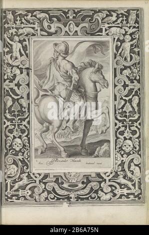 Alexander der Große Alexander Macedo (Titelobjekt) Neun Beste (Serientitel) Alexander der Große, ein berühmter General der Antike, der auf dem Schlachtfeld reitet. Er ist Teil der Neun. Unter den zeigt ein Vers in lateinischer Sprache. Die Vorstellung wird in einem Rahmen mit wirbelnden Verzierungen und verschiedenen Tieren wie Kaninchen, Hunde, Eichhörnchen und Vögeln gehalten. Dieser Druck ist Teil eines Albums. Hersteller: Druckmaschine: Nicolaes de Bruyn (denkmalgeschütztes Gebäude) Herausgeber: Assuerus von Londerseel (denkmalgeschütztes Eigentum) Ort Herstellung: Niederlande Datum: 1582 - 1635 Physische Merkmale: Engra gedruckt auf zwei Blatt Material: Papier Te Stockfoto