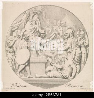 Runddarstellung. Alexander der Große sitzt auf einem Thron, umgeben von Soldaten. Einer der Soldaten zeigt ihm die Leiche des von Bessus, einem seiner eigenen Soldaten, ermordeten Königs Darius III. Von Persien. Alexander trauert um den Tod seines Gegners. Der Druck geht auf ein Flachrelief des Lairesse Gerard verloren und bildet einen Teil einer Serie mit biblischem, mythologischem und allegorischem Voorstellingen. Hersteller: Druckhersteller: Johannes Glauber (auf dem Objekt angegeben) zur Zeichnung von: Gerard de Lairesse (auf dem Objekt aufgeführt) zum Gemälde von Gerard de Lairesse (denkmalgeschütztes Gebäude) Herausgeber: Leonard Schenk (aufgeführt als korrekt) Stockfoto