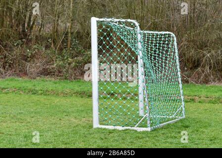 Seitenansicht des leeren Fußballtores mit weißem Rahmen und grünem Netz, das auf Gras auf dem Waldspielplatz steht Stockfoto