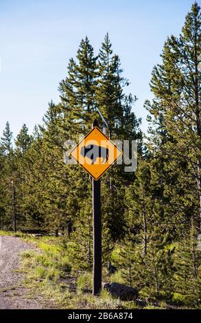 Bison-Warnschild im Yellowstone National Park, Wyoming, USA, USA Stockfoto