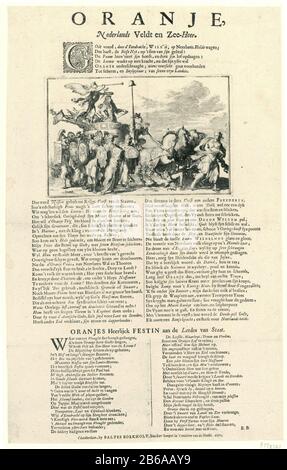 Allegorie auf die Ernennung von William zum General, 1672 Orange, Dutch Veldt und Sea Lord (Titelobjekt) Leaf mit einer Aufführung und Gedichten zu Ehren der Ernennung von William zum General, 25. Februar 1672. Das Bild zeigt die Ankunft des Streitwagens von William III Der holländische Löwe führt die Kutsche aus. Der Neid wird von den Pferden zertrampelt. Personifikationen der sieben Provinzen beobachten. Über und unter der Platte drei Verzen. Hersteller: Druckmaschine: Romeyn de Hooghe (zugeschrieben) Herausgeber: Baltes Boekholt (Listed Property) Schriftsteller: Baltes Boekholt (Listed Property) Ort m Stockfoto