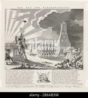 Allegorie auf die zivile Bewaffnung, um das Jahr 1789898989621061061061061061061061061061061061061061061061061061061061089610810610610610810 Sie werden von den bewaffneten Männern und dem niederländischen Löwen vertrieben. Rechts ein Mahnmal mit Wappen. Links eine Statue der Freiheitslanze, die die Freiheit darstellt. Links zu den Sonnenstrahlen am Himmel lösen die dunklen Wolken rechts aus. Unter einem Text auf Niederländisch. Sie sind den Gesellschaften des Waffenhandels in den Vereinigten Nederlanden gewidmet. Hersteller: Druckerhersteller Abraham Jacobsz. Hulk (auf Objekt angegeben) zur Zeichnung von: P. Stockfoto