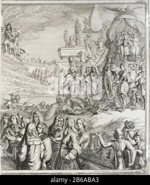 Allegorie auf die Ereignisse 1689 von William und Maria auf dem Thron (rechte Hälfte) Allegorische Ereignisse 1689 mit dem Gouverneurskönig William III. Und Königin Maria auf dem Thron. Rechte Hälfte von zwei Rotorblättern, die zusammen eine Leistung ergeben. Im Vordergrund Kommandeure und rechte holländische Matrosen. Hinter Knien verschwanden Türken für Kaiser Leopolds I., zwischen den Fürsten stehend. Über der Krönung von Joseph I., König von Ungarn und König Zimmer (24. Januar 1690). Die linke Hälfte einer Pyramide mit den Ereignissen des zweiten halben Jahres. Topprinz von Orange zieht schweres d. Einige Elemente in der angegebenen Leistung Stockfoto