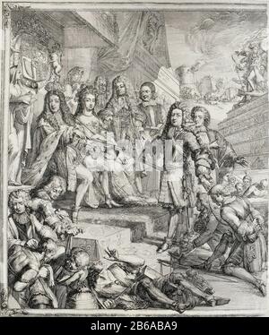 Allegorie auf die Ereignisse 1689 von William und Maria auf dem Thron (linke Hälfte) Allegorische Ereignisse 1689 mit dem Gouverneurskönig William III. Und Königin Maria auf dem Thron. Linke Hälfte von zwei Rotorblättern, die zusammen eine Leistung ergeben. Bei William und Mary überwindet der Herzog von Schomberg mit zwei knienden irischen Generälen, die: Vom König und der Königin Gnade gewährt wird. Die Linke Front nahm drei Personifikationen von Verrat, Rebellion und Desertion gefangen. Rechts die Hälfte einer Pyramide mit den Ereignissen der ersten sechs Monate. Der oberste Jakobus II. Ist die Pyramide. Einige Elemente in der Performance, die von cijfers angegeben wird. Ma Stockfoto