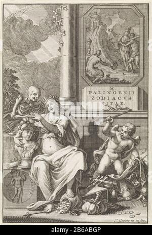 Allegorische Wahl zwischen weltlicher und spiritueller guter Titelseite für Marcellus Palingenius, Zodiacus Vitae, 1722 Zodiacvs Vitae (Titelobjekt) EINE Frau mit Lorbeerkranz sitzt auf einer Bank neben der Büstenstatue von Minerva. Sie hält die Hand des Todes. Zu ihren Füßen stehen weltliche Reichtümer. Rechts zeigt einen Putto mit Peitschensymbolen der Kirche, versteckt unter einer Decke. Hinter dem Putto eine Wand mit dem Titel des Buches und ein Wandbild des Herkules am Scheideweg. Im Hintergrund ein Teil des Tierkreises in der Luft. Hersteller: Der von Jan Goeree (denkmalgeschütztes Gebäude) entworfene Druckerhersteller Jan Goeree p Stockfoto