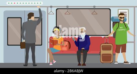 Cartoon U-Bahn U-Bahn modernes Interieur mit Pendlerpassagieren sitzend, lesend und stehend, flache Vektorgrafiken. Stock Vektor