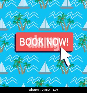 Button-book Now und Nahtloses Muster mit tropischen Kokospalmen und Wellen auf Hintergrund .Webseitenvorlage, Cartoon-Vektorgrafiken Stock Vektor
