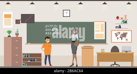 Cartoon School Classroom interior, afroamerikanische Lehrerin für Frauen und kaukasische Studentin im Klassenzimmer an der Kreidewand, flache Vektorillustration Stock Vektor