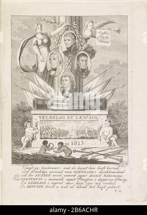 Allegorie auf die Schlacht bei Leipzig, Schlacht von Leipzig im Jahre 188 (Titelobjekt) Allegorie auf die Völkerschlacht bei Leipzig vom 16. Bis 19. Oktober, am 16. Und 19. Oktober, zwischen den Koalitionsarmeen von Russland, Preßburg, Österreich und Schweden und der französischen Armee von Napoleon. Monumentale Säule mit Waffen-Trophäenbild der Schlacht, Medaillons mit Porträts der siegreichen Fürsten Sieg und Ruhm. Mit sechszeiligen vers. Hersteller: Druckhersteller: Cornelis Bogerts (auf dem Objekt angegeben) zur Zeichnung von: Johannes von Diepenhuijsen (auf dem Objekt angegeben) Herstellung: Niederlande Datum: 1830-18320 Schar Stockfoto