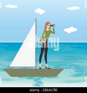 Business Woman, die durch Ferngläser schaut, Frau steht auf einem Schiff, Cartoon-Vektor-Illustration Stock Vektor