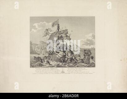 Allegorie des Wohlstands, Allegorie von 1806 mit einem Boot, Wo: Ist eine Frau umgeben von Naiaden und Engeln Haare mit Blumen, die in den Wasser-Neugeborenen und anderen Meerestieren gesprinklert sind. Allegorie des Menschen und der Gesellschaft, im Jahre 1806. Die Signatur zwei vierzeilige Verse in niederländischer und französischer Sprache auf beiden Seiten des Markenzeichen 'Art zy Our AIM. ' sehen Sie Auch den Anhänger mit dem Tegenspoed. Hersteller: Druckerei-Hersteller Jacob Ernst Marcus (denkmalgeschütztes Eigentum) zum Zeichnen: William Cook (denkmalgeschütztes Gebäude) Herausgeber: J. van Ledden Hulsebosch Dedicated to Arts zy Our Goal Society of Drawing (denkmalgeschütztes Objekt) bestellt von: J. von Ledden Hulsebosch Stockfoto