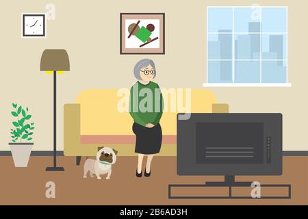 Cartoon Old Woman oder Oma zu Hause Fernsehen mit Hund, Inneneinrichtung mit Möbeln, flache Vektorgrafiken Stock Vektor