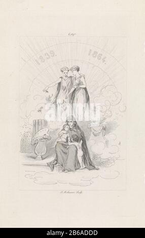 Allegorie auf das 25-jährige Jubiläum von Arti et Amicitiae Tableaux vivants, die anlässlich des 25-jährigen Bestehens der Allegorie Arti et Amicitiae (Serientitel) zum 25-jährigen Jubiläum von Arti et Amicitiae inszeniert wurde. Die sitzende Liebe mit zwei Kindern inmitten von Symbolen der Künste Ließ den Bienenstock, eine Säule, eine Palette und eine Winde zurück. Opfern Sie eine Rauchersäule. Die Wolken Zwei Frauen mit Blumen. Teil einer Reihe von sechs Aufführungen von Momenten in der niederländischen Geschichte, die in Tableaux Vivants von Mitgliedern von Arti et Amicitiae Amsterdam am 2. Dezember 1864 präsentiert wurden. Hersteller: Druckmaschine: Frans Molenaar (1821-1886) (l. Stockfoto