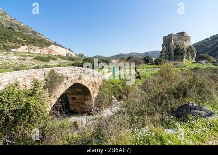 Das Mseilha Fort aus dem 17. Jahrhundert wurde auf einem Kalkfelsen, dem Libanon, errichtet Stockfoto