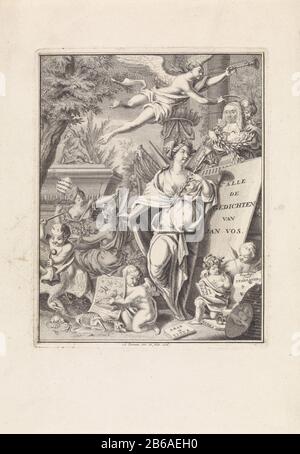 Die allegorische Urheberschaft der Jan vos Titelseite für Jan vos, Gesammelte Gedichte, 1726 Ruhm mit Quill in der Hand und Lob, steht im Mittelpunkt der Putti in den Titeln der Bücher von Jan vos Stück. Ein anderer Putto schlägt eine Gans mit einer Peitsche. Victoria krönt über der Büste des Schriftstellers. Im Hintergrund verließ schrijver das Grab. Hersteller : Druckerhersteller Abraham Seaman (denkmalgeschütztes Gebäude) im Entwurf von Abraham Zeeman (denkmalgeschütztes Eigentum) Ort Herstellung: Amsterdam Datum: 1726 Physische Merkmale: Engra und Ätzmaterial: Papiertechnik: Enna (Druckverfahren) / Ätzmaße: Plattenkante: H 192 mm × Stockfoto