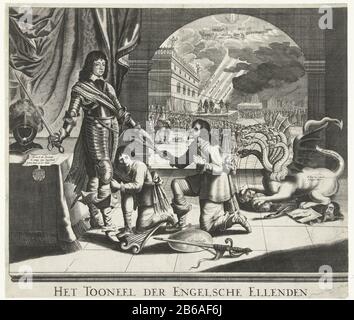 Allegorie von König Karl II. Von England, ca. 1651 Schauplatz der englischen Miserien (Titelobjekt) Allegorie des Königs Karl II. Von England, um 1651. Charles stammt aus Irland und Schottland ist von einer Rüstung betroffen und hat eine Waffe zum Kampf übergeben, und die Krone von England, um zu fordern. Rechts, ein siebenköpfiger Drache des parlaments mit königlichen Insignien und abgetrennten Köpfen, schließt König Karl I. Im Hintergrund die Enthauptung von Karl I. in Whitehall im Jahr 1649 vom Himmel ein, der Strahlen des Zorns und der Rache Gottes glänzt. Wenn diese Kopie fehlt, wird der entsprechende Tekstblad angezeigt. Hersteller: Druckmaschine: Anonymer Standort m Stockfoto