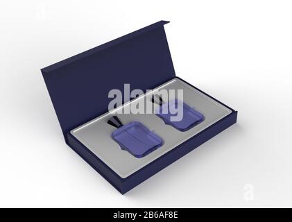 Zwei Glas-Parfümflaschen-Mockup mit offener und geschlossener Verpackung auf weißem Hintergrund, 3D-Abbildung. Stockfoto