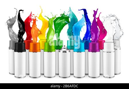 Viele verschiedene Sprühnebel können bunte Regenbogenfarben sprühen, die auf weißem Hintergrund explodieren. Industrie diy Lackierung Graffi Stockfoto