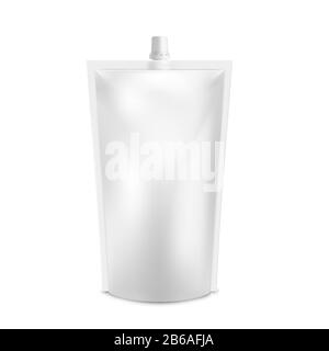 Realistischer weißer Rohling Doy Pack Mock up. Vector Doypack Schablonenverpackung mit Schraubverschluss. Beutel Für Speisen Und Getränke Mit Deckel Für Den Eckspender. Stock Vektor