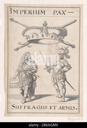 Allegorisches Emblem im Vertrag von Rijswijk, 1697 Emblem mit zwei Männern unter einer Krone mit gekreuztem Zepter und schwerem: D. Titel: Empire Pax/Suffragiis et Arbis. Entwurf zur Dekoration bei der Feier des Friedens von Rijswijk im Jahre 1697. Hersteller: Künstler: Anonymer Ort Herstellung: Nordniederland Datum: 1697 Physische Merkmale: Stift in Schwarz und Bürste in grauem Material: Papiertinte Technologie: Stift / Bürste Abmessungen: H 295 mm × W 205 mm Betreff: Festlichkeiten zu Veranstaltungen oder nationaler Bedeutung (+ festliche Dekoration  festliche Aktivitäten) Symbole, ALLEGORIEN oder Frieden, Pax '; "Pace" (Ripa) Tre Stockfoto