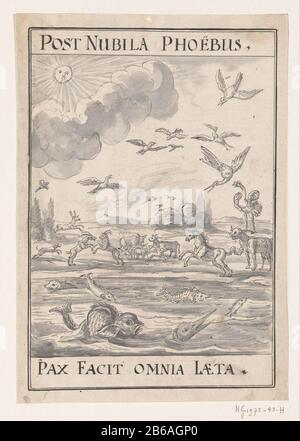 Allegorisches Emblem im Vertrag von Rijswijk, 1697 Logo mit der Sonne entfernt die Wolken über einer Landschaft mit Tieren an Land, auf Wasser und am Himmel. Titel: "Post nubila phoebus / Pax Facit Omnia Laeta. Entwurf zur Dekoration bei der Feier des Friedens von Rijswijk im Jahre 1697. Hersteller: Künstler: Anonymer Ort Herstellung: Nordniederland Datum: 1697 Physische Merkmale: Stift in Schwarz und Pinsel in grauem Material: Papiertinte Technologie: Stift/Pinsel Abmessungen: H 295 mm × W 205 mm Betreff: Festlichkeiten zu Veranstaltungen oder nationaler Bedeutung (+ festliche Dekoration  festliche Aktivitäten) dierensun Stockfoto