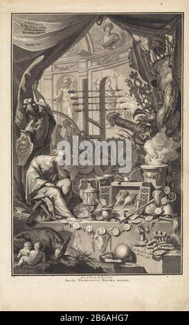 Allegorische Titelseite mit mehreren Links zur Stadt Rom Titelseite für S Pitiscus, Lexicon Antiquitatum Romanarum, 1713 Eine allegorische weibliche Figur, die inmitten der verschiedenen römischen Antiqiuteiten und Waffen trauert. Zu ihren Füßen befindet sich eine Krone und eine Garbe mit Pfeilen. Im Vordergrund der She-Wolf mit Romulus und Remus. Im Hintergrund eine Nische mit Statuen und Büsten römischer Kaiser und Generäle. Ein Soldat schiebt eine Draperie, Wo: Der Titel Latin opzij. Hersteller : Druckmaschine: Matthijs Pool (denkmalgeschütztes Objekt) zur Zeichnung: Arnold Houbraken (denkmalgeschütztes Gebäude) Herausgeber: François Halma (denkmalgeschütztes Objekt) Stockfoto
