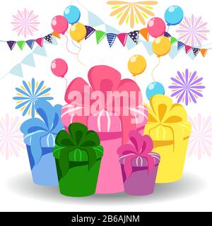 Großer Haufen bunt umhüllter Geschenkschachteln. Berggeschenke. Schöne Geschenk Box mit überwältigender Schleife. Geschenkkarton. Geschenksymbol. Geschenkbox für Weihnachten Stock Vektor