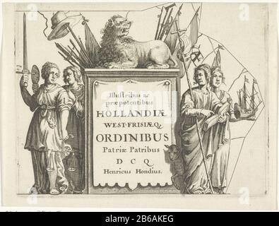Der allegorische Voorstelling über die Staten van Holland en West-Friesland herausragende und einflussreiche niederländische West-Frisiae Q Ordnet die Landväter (op title object) auf ein Denkmal für die Staaten Holland und Westfriesland, das vom niederländischen Löwen ausgezeichnet wird, sind unterschiedliche Personifikationen. Verbindet Gerechtigkeit mit Waagen und schwer: D und Vorsicht mit Spiegel und Schlauch. Rechter Glaube mit Kreuz mit Banner, Bibel und Lamm. Neben ihr ist Hoffnung mit einem Schiff auf dem Kopf und einem Schiff in der Hand. Hersteller: Druckmaschine: Anonymer Verleger: Hendrick Hondius (I) (denkmalgeschütztes Gebäude) Herstellung: Netherlands da Stockfoto