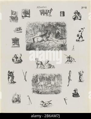 Sonstiges (Titelobjekt) Meijers Drucke (Serientitel) Blatt 23, Darstellungen verschiedener Tiere, Objekte und Figuren. Oben rechts nummeriert: Nr. 11. Hersteller : Herausgeber: De Ruyter & Meijer Druckautor: Anonymer Ort Herstellung: Amsterdam Datum: 1873 Physische Merkmale: Lithographisches und textdruckendes Material: Papiertechnik: Lithographie (Technik) / Druckformate: Blatt: H 426 mm × W 340 mm Betreff: Tiere, die mit Tierfiguren ( menschliche Typen) bespielt werden Stockfoto