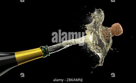 Das Knallen einer Flasche Champagner, die Spritzer auf Schwarz erzeugt, niemand um sich herum. 3D machen Sie das Konzept der Feier, Feiertage, Jubiläen und neuen Stockfoto