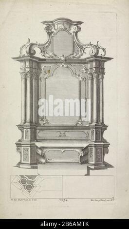 Altarbilder für Altäre (Serientitel) Gestaltung und Grundriss eines Altars mit Rocailleornamenten. Herausgeber Nummer 34. Hersteller : Druckmaschine: Anonymer Entwurf von Franz Xaver Habermann (denkmalgeschütztes Gebäude) Herausgeber: Johann Georg Hertel (I) (denkmalgeschütztes Gebäude) Ort Herstellung: Augsburg Datum: 170-1745 Physikalische Merkmale: Fahrzeugmaterial: Papiertechnik: Engra (Druckverfahren) Abmessungen: Plattenkante: H 339 mm × W 194 mm Betreff: Altarrocailleornament Stockfoto