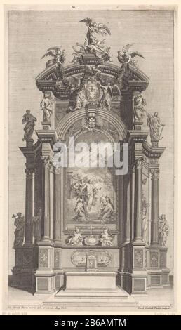 Altarbild mit Christus mit den Kreuzaltären (Serientitel) Entwurf für einen Altar mit einem Gemälde einer Erscheinung Christi am Kreuz. Acht heilige Figuren, die oben und unten den Altar anflanieren. Bekrönt wird der Altar von Engeln mit Girlanden und einer Szene mit dem Erzengel Michaël. Hersteller : Druckerei-Hersteller Jacob Giovanni Thelott (denkmalgeschütztes Gebäude), entworfen von Johann Daniel Herz (I) (denkmalgeschütztes Gebäude) Herausgeber: Johann Daniel Herz (I) (denkmalgeschütztes Gebäude) Ort Herstellung: Augsburg Datum: 1722 - 1749 Physikalische Merkmale: Ätzungs- und Engra-Material: Papiertechnik: Ätzung/Engraa (Druckverfahren) Dim Stockfoto